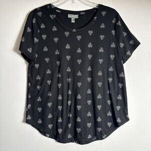 Style & Co Women's Size Large Floral Heart Printed  Graphic T-Shirt Black Top‎